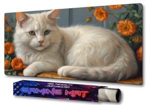 PODKŁADKA NA BIURKO GAMING Słodki Biały Kotek Wsród Kwiatów