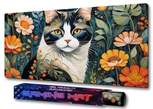 PODKŁADKA NA BIURKO GAMING Kwiatowy Pejzaż Czarno-Biały Kot