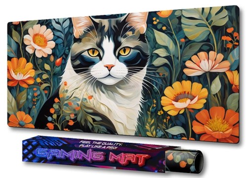 PODKŁADKA NA BIURKO GAMING Kwiatowy Pejzaż Czarno-Biały Kot