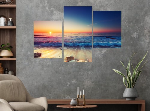 Obraz MORZE ZACHÓD SŁOŃCA NA PLAŻY tryptyk 3 częściowy