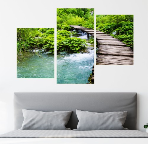 Obraz mostek nad rzeką TRYPTYK CANVAS do salonu 
