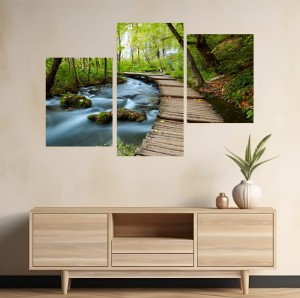 OBRAZ WIELOCZĘŚCIOWY kładka potok las mostek 