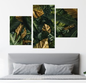 Obraz MONSTERA LIŚCIE ZŁOTO nowoczesny tryptyk do sypialni