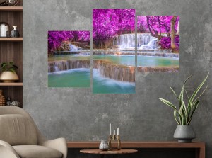 Obraz WODOSPAD W LESIE Fioletowa kaskada tryptyk 3 elementy 