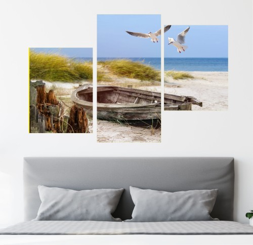 Obraz MORZE MEWY ŁÓDKA BAŁTYK canvas na płótnie 