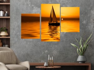 Obraz canvas tryptyk ŁÓDKA NA MORZU ZACHÓD SŁOŃCA 