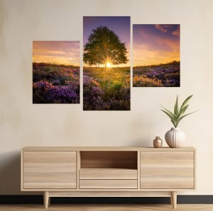 Obraz Tryptyk Lawenda Drzewo Krajobraz 3D zachód słońca 
