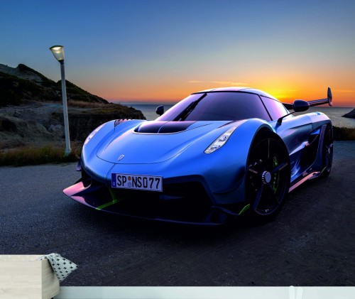 FOTOTAPETA DO SALONU ŚCIENNA Błękitny Koenigsegg Jesko Zachód Słońca