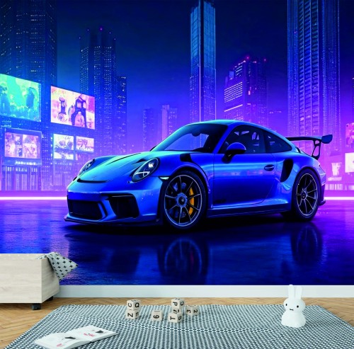 FOTOTAPETA DO SALONU ŚCIENNA Neon City Porsche 911 Luxury Car