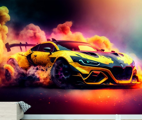 FOTOTAPETA DO SALONU ŚCIENNA Gold Futuristic Sport Car Burnout 