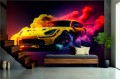 FOTOTAPETA DO SALONU ŚCIENNA Yellow Drift Sport Car Colorful Smoke