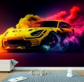 FOTOTAPETA DO SALONU ŚCIENNA Yellow Drift Sport Car Colorful Smoke