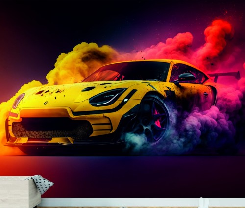 FOTOTAPETA DO SALONU ŚCIENNA Yellow Drift Sport Car Colorful Smoke