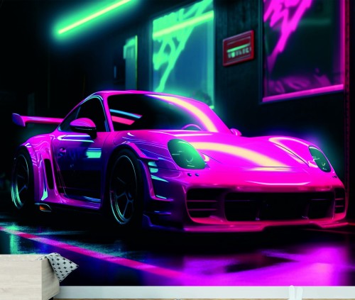 FOTOTAPETA DO SALONU ŚCIENNA Neon Pink Sport Porsche 911