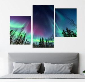 Zorza polarna nadruk na płótnie las obraz tryptyk 