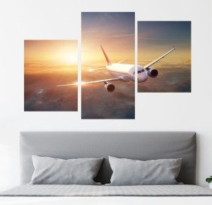 Obraz SAMOLOT W LOCIE ZACHÓD SŁOŃCA NIEBO tryptyk na płótnie 