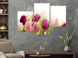 Obraz TULIPANY KWIATY tryptyk do sypialni na płótnie  