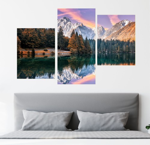 OBRAZ NA PŁÓTNIE piękne jezioro w górach CANVAS TRYPTYK