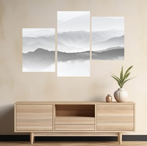 Obraz tryptyk góry we mgle mglisty las MINIMALISTYCZNY OBRAZ DO SYPIALNI