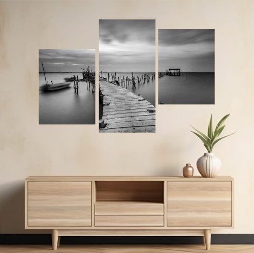 Obraz 3-częściowy Pomost JEZIORO Krajobraz CZARNO BIAŁY 