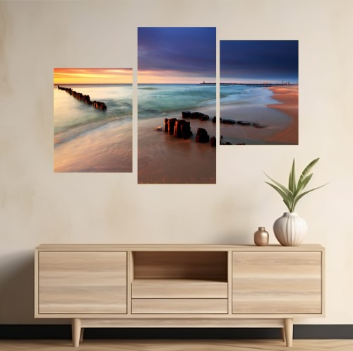 Obraz BAŁTYK PLAŻA MORZE ZACHÓD tryptyk do salonu canvas 