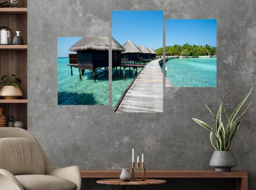 Obraz BALI DOMKI OCEAN MOST tryptyk 3 częściowy