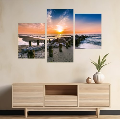 Obraz ZACHÓD SŁOŃCA NAD MORZEM tryptyk na ścianę do salonu 