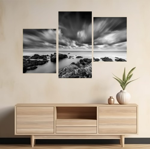 CZARNO BIAŁY OBRAZ NA PŁÓTNIE wybrzeże morze plaża 