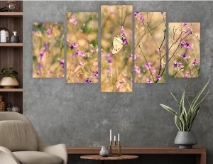 POLNE KWIATY obraz tryptyk 5 częściowy MOTYL KWIATY do salonu 