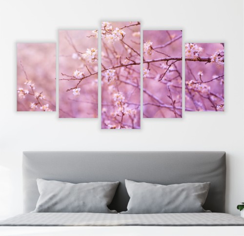 OBRAZ na ścianę DRZEWO KWIATY WIŚNI tryptyk 5 częściowy 
