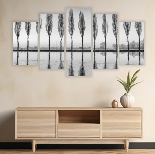 CZARNO BUAŁY TRYPTYK NA PŁÓTNIE samotne drzewa w szarości 