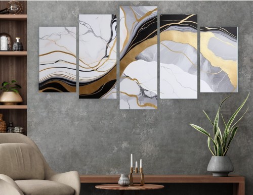 OBRAZ 5 części IMITACJA MARMUR CZARNY ZŁOTO do salonu sypialni