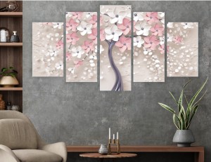 Obraz 3D eleganckie drzewo róż różowe  TRYPTYK 5 CZĘŚCIOWY