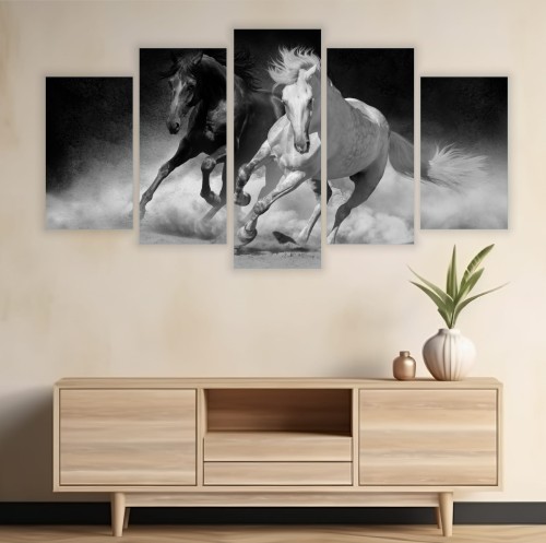 CZARNO BIAŁY TRYPTYK 5 CZĘŚCIOWY OBRAZ KONIE W GALOPIE 
