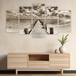 Obraz 5-części tryptyk w sepi POMOST NAD JEZIOREM 