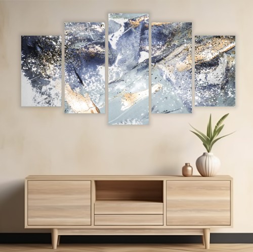Obraz artystyczny 5 części tryptyk do sypialni niebieskie złote cekiny