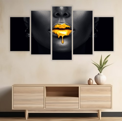 Obraz 5-części tryptyk nowoczesny Twarz kobiety usta złote 