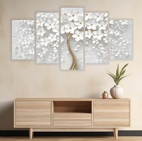 Obraz 3D TRYPTYK 5-części do salonu ZŁOTE DRZEWO KWIATY 