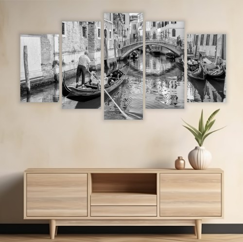 CZARNO BIAŁY TRYPTYK canvas do salonu KANAŁ WENECJA ITALIA