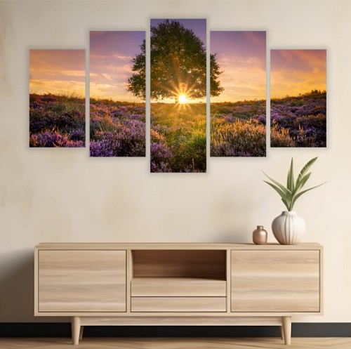 TRYPTYK 5 CZĘŚCIOWY LAWENDA DRZEWO ZACHÓD SŁOŃCA