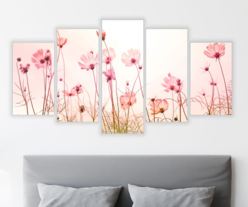 Obraz 5 części tryptyk do salonu PASTELOWE KWIATY ŁĄKA 