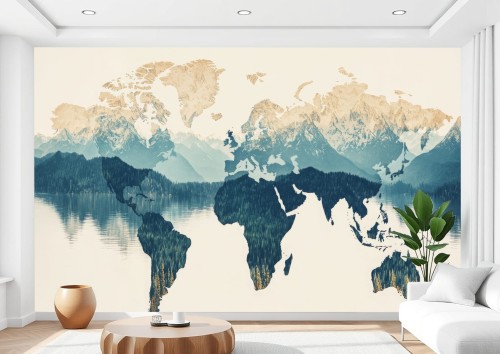 ABSTRAKCYJNA TAPETA DO SALONU SYPIALNI mapa świata góry las 