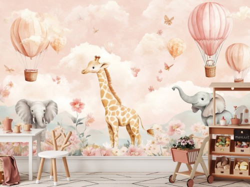 Fototapeta DZIECIĘCA zwierzątka balony żyrafa słonie 