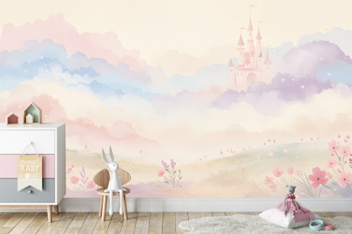 Fototapeta DLA DZIEWCZYNKI pastelowa kraina zamek kwiaty 