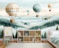 TAPETA DLA DZIECI NA WYMIAR ŚCIENNA balony samoloty retro wzgórza drzewa