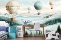 TAPETA DLA DZIECI NA WYMIAR ŚCIENNA balony samoloty retro wzgórza drzewa