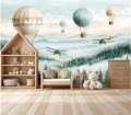 TAPETA DLA DZIECI NA WYMIAR ŚCIENNA balony samoloty retro wzgórza drzewa