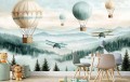 TAPETA DLA DZIECI NA WYMIAR ŚCIENNA balony samoloty retro wzgórza drzewa