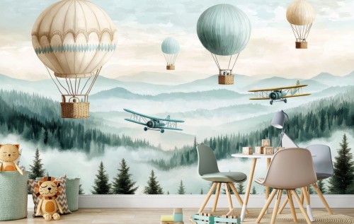 TAPETA DLA DZIECI NA WYMIAR ŚCIENNA balony samoloty retro wzgórza drzewa