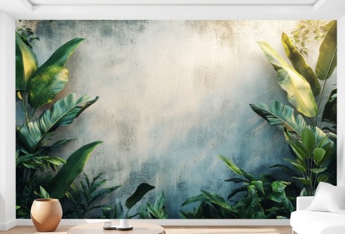 Fototapeta Tropikalne duże liście kwiaty na betonie Do salonu sypialni